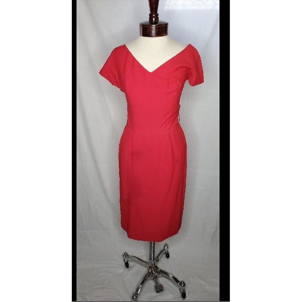 Vintage 1950s  Lipstick red dress with V-neck Draped Waist Shash Cocktail Dress - Picture 2 of 6